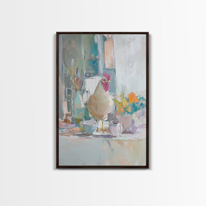 Charming Rooster On Kitchen Counter Painting, Canvas Print For Farmhouse Kitchen Wall Art, Rustic Country Decor, Chef Gift
