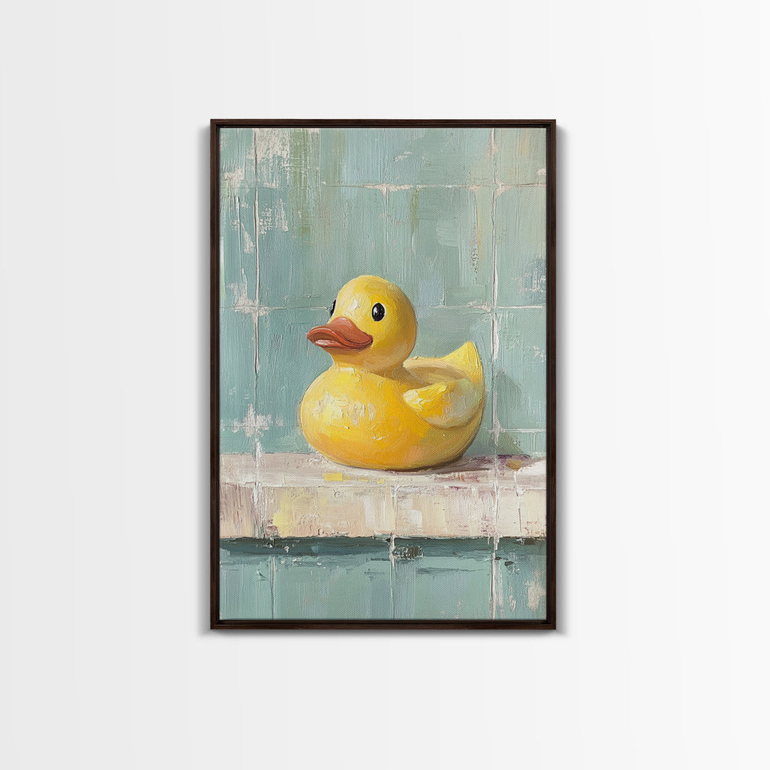 Bright Yellow Rubber Duck On Aqua Tile Painting, Canvas Print For Bathroom Wall Art, Funny Bathroom Decor, Kids Room Gift