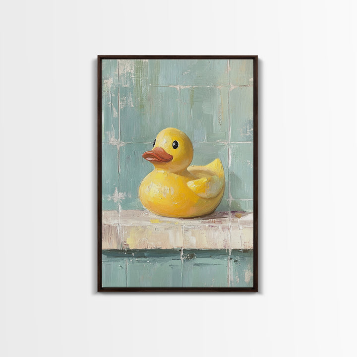 Bright Yellow Rubber Duck On Aqua Tile Painting, Canvas Print For Bathroom Wall Art, Funny Bathroom Decor, Kids Room Gift