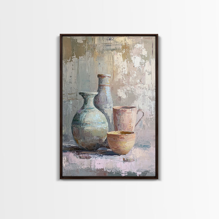 Textured Ceramic Vessels And Tea Cups Canvas Print, Neutral Kitchen Wall Art, Rustic Home Decor, Still Life Art Print Gift