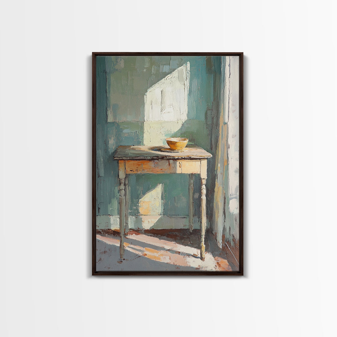 Sunlit Wooden Table With Orange Bowl Framed Canvas Print, Minimalist Wall Art, Japandi Decor, Neutral Home Decor Gift For Her