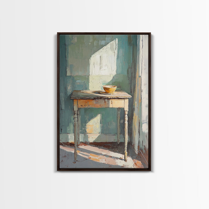 Sunlit Wooden Table With Orange Bowl Framed Canvas Print, Minimalist Wall Art, Japandi Decor, Neutral Home Decor Gift For Her