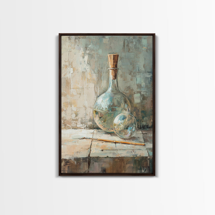 Aqua Glass Bottle And Cork Still Life Wall Art, Coastal Kitchen Decor, Neutral Canvas Wall Art, Contemporary Art Print Gift