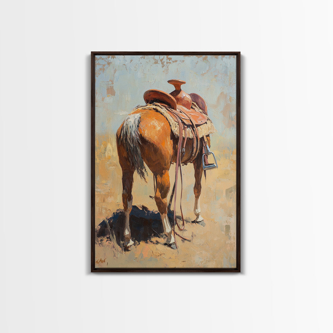 Saddled Chestnut Horse Western Canvas Print, Rustic Cowboy Wall Art, Equestrian Home Decor, Farmhouse Ranch Gift For Horse Lovers