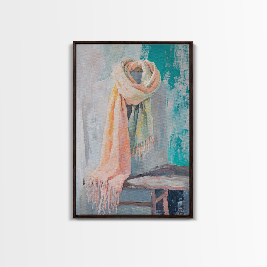 Soft Pastel Scarf On Dress Form Canvas Print, Feminine Wall Art, Fashion Studio Decor, Chic Neutral Bedroom Art Gift For Her