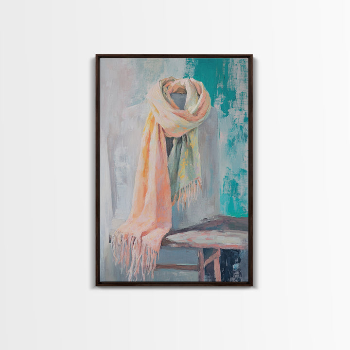 Soft Pastel Scarf On Dress Form Canvas Print, Feminine Wall Art, Fashion Studio Decor, Chic Neutral Bedroom Art Gift For Her