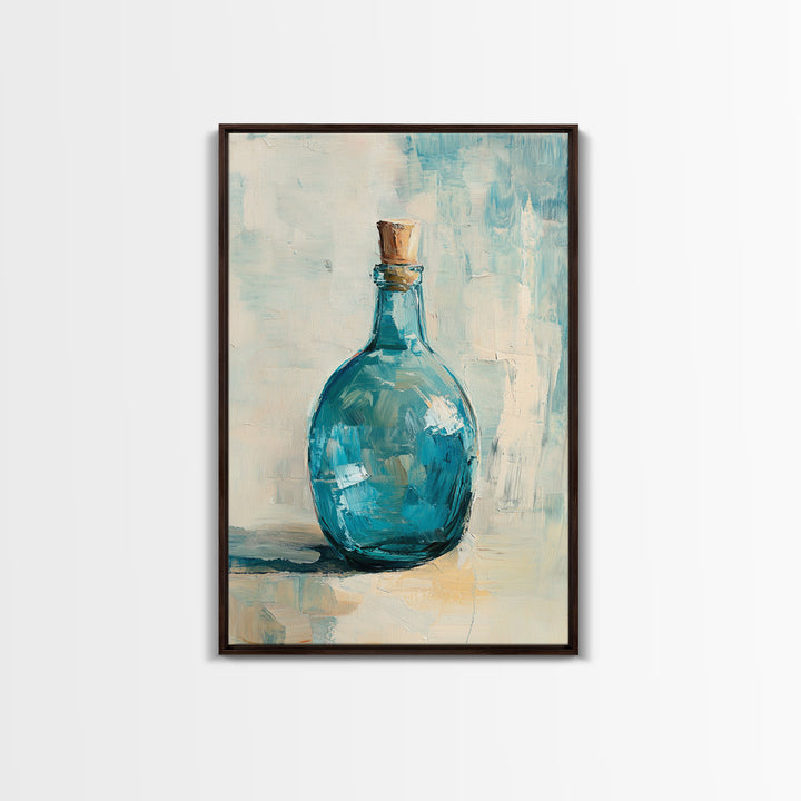 Turquoise Glass Bottle With Cork Canvas Print, Coastal Wall Art, Minimal Still Life Painting, Blue Bathroom Home Decor Gift
