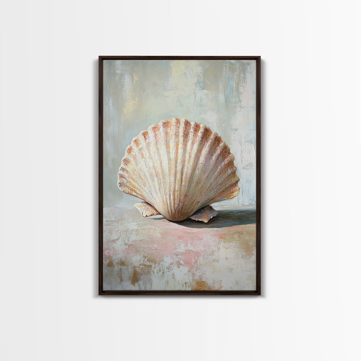 Textured Scallop Shell Still Life Wall Art, Coastal Beach House Decor, Seashell Painting, Neutral Bathroom Wall Decor, Spa Art