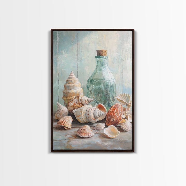Sea Shells And Corked Glass Bottle Canvas Print, Coastal Wall Art, Beach House Decor, Nautical Bathroom Art, Ocean Print