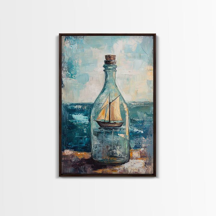 Ship In A Bottle Nautical Canvas Print, Coastal Wall Art, Sailboat Seascape, Ocean Decor, Beach House Statement Artwork Print