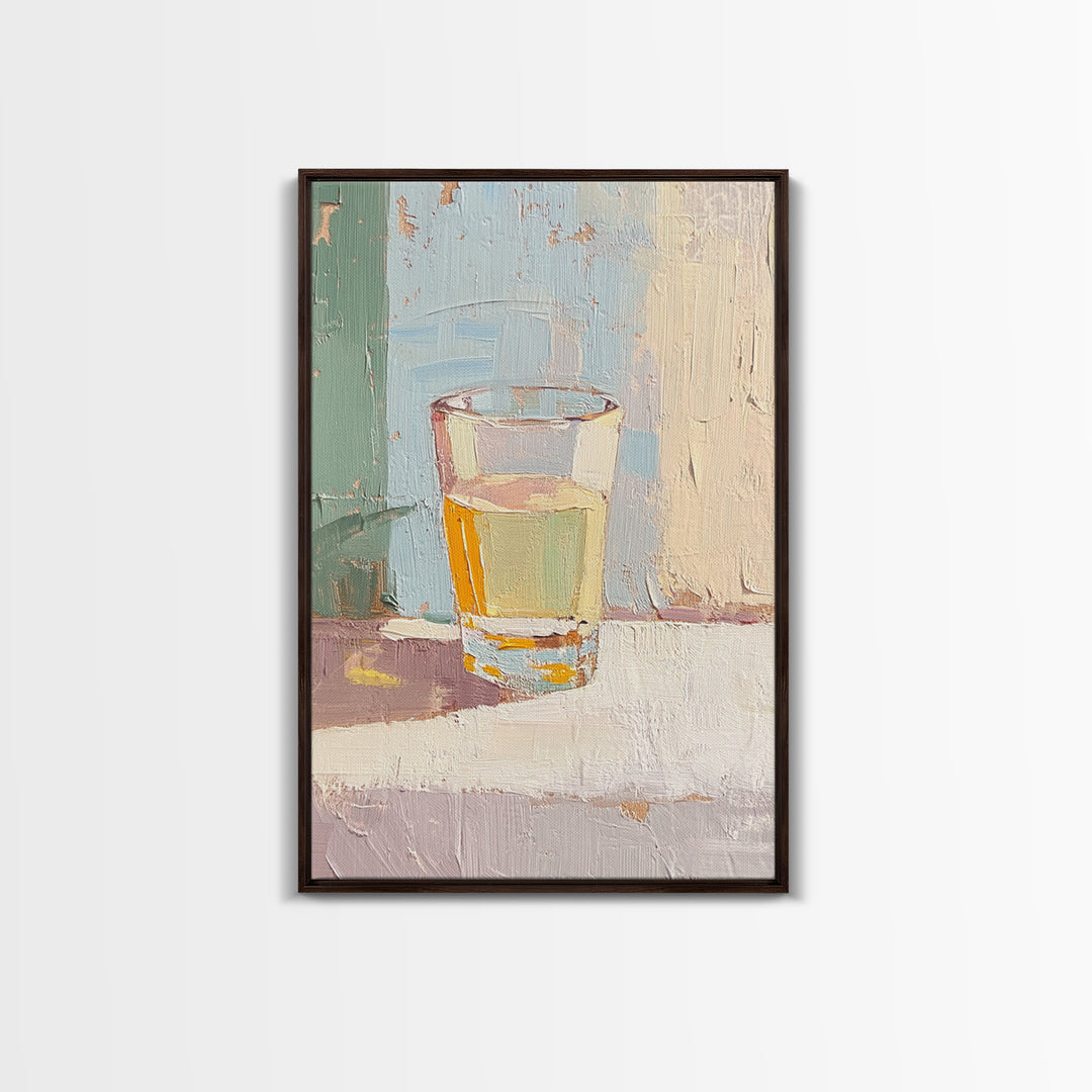 Minimal Glass Of Golden Tea Still Life Wall Art, Neutral Kitchen Decor, Modern Rustic Canvas Print, Soft Abstract Painting