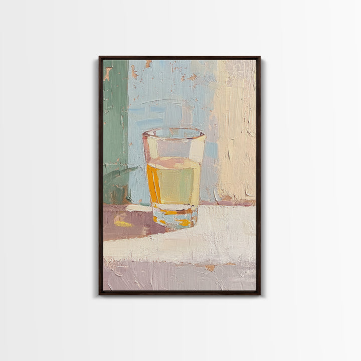 Minimal Glass Of Golden Tea Still Life Wall Art, Neutral Kitchen Decor, Modern Rustic Canvas Print, Soft Abstract Painting