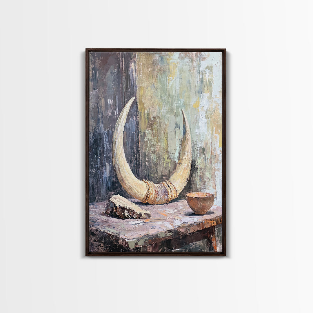 Curved Ivory Horn And Rustic Bowl Still Life Framed Canvas Print, African Inspired Wall Art, Tribal Decor, Moody Neutral Art