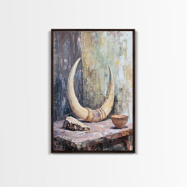 Curved Ivory Horn And Rustic Bowl Still Life Framed Canvas Print, African Inspired Wall Art, Tribal Decor, Moody Neutral Art