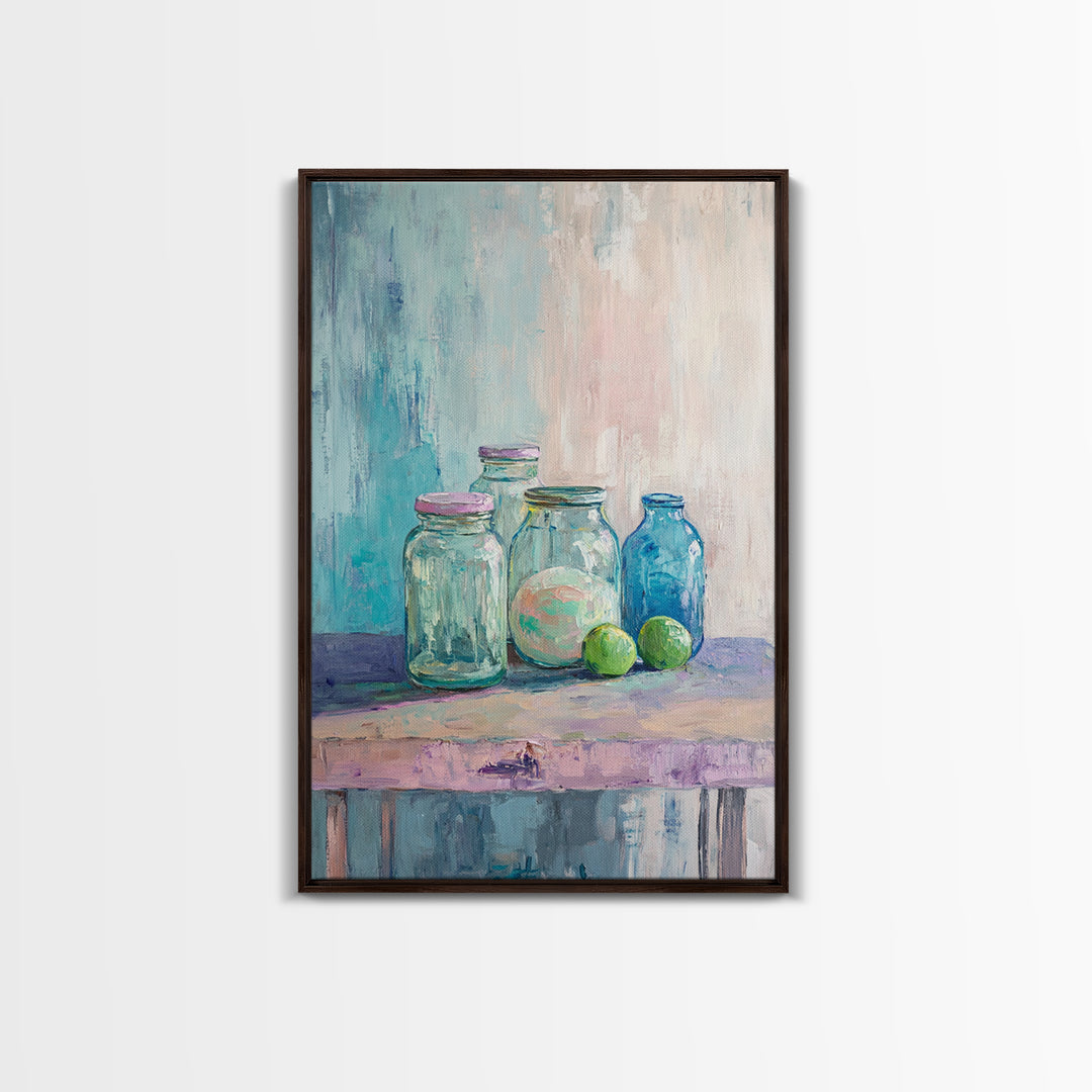 Glass Jars With Limes Still Life Wall Art, Colorful Kitchen Decor, Modern Farmhouse Canvas Print, Dining Room Art Gift Idea