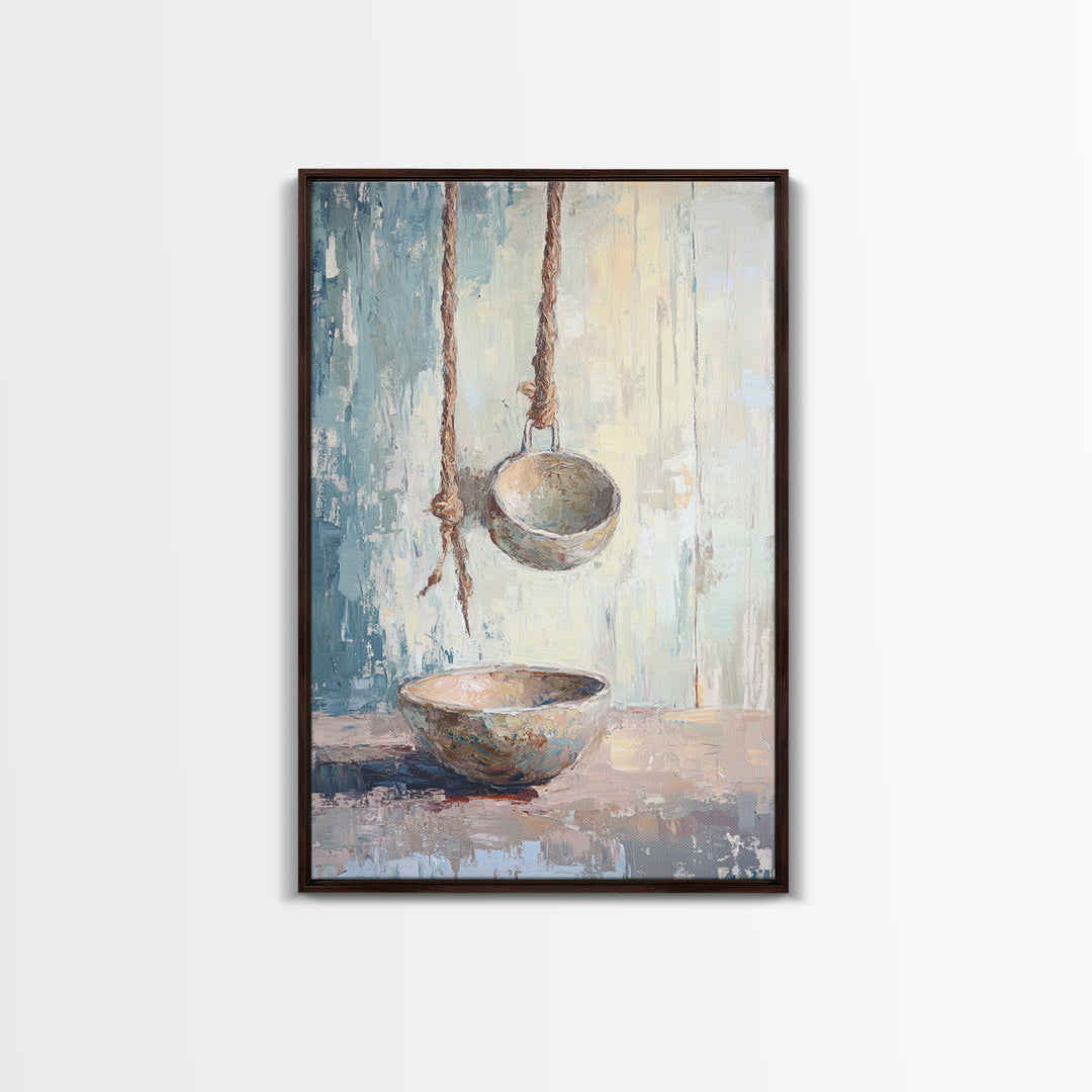 Hanging Ceramic Bowls Wall Art, Wabi Sabi Still Life Canvas Print, Neutral Rustic Kitchen Decor, Japandi Wall Decor Gift