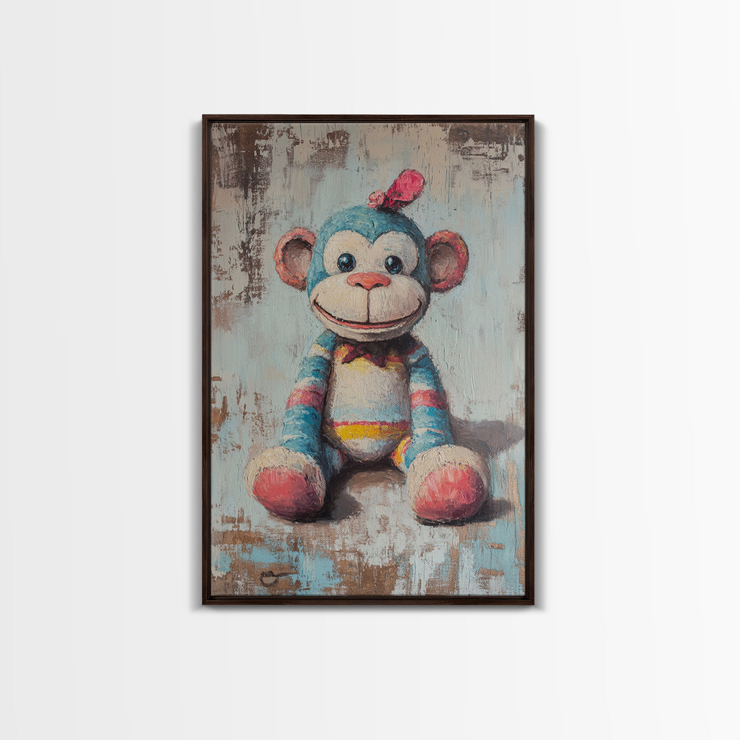Whimsical Sock Monkey Canvas Print, Nursery Wall Art, Kids Room Decor, Cute Animal Art, Baby Shower Gift, Playroom Decor