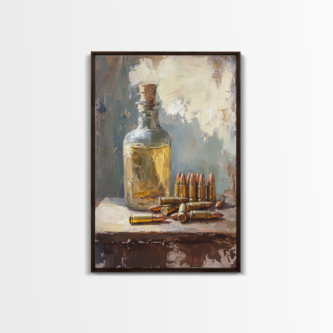 Amber Bottle And Brass Bullets Still Life Wall Art, Masculine Man Cave Decor, Rustic Office Print, Gift For Him, Moody Canvas