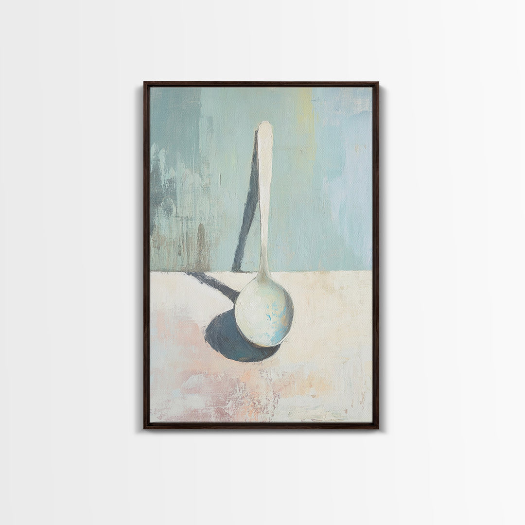 Single White Spoon Minimal Still Life Wall Art, Blue Shadow Minimalist Decor, Neutral Kitchen Print, Modern Canvas Print