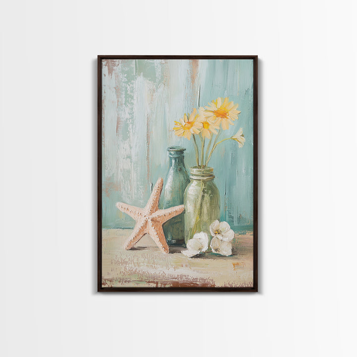 Starfish Daisies And Sea Glass Bottles Coastal Wall Art, Beach House Decor, Floral Canvas Print, Summer Gift For Her, Bathroom Decor