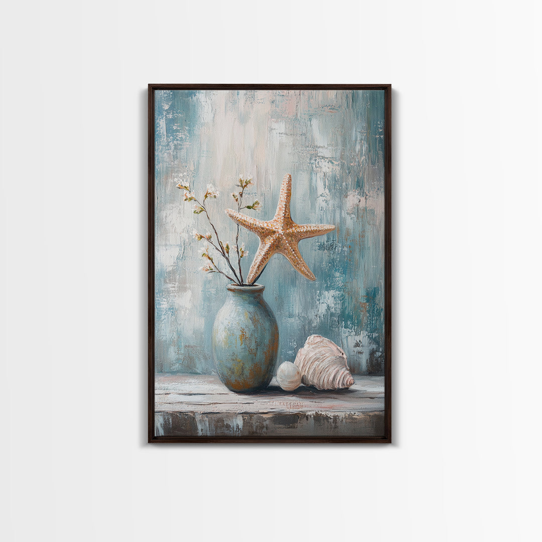 Orange Starfish Seashell And Blue Vase Coastal Wall Art, Nautical Beach Decor, Ocean Canvas Print, Serene Bathroom Art For Home