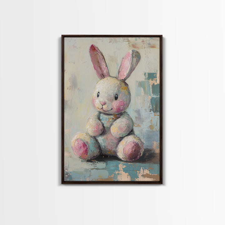Plush Bunny Toy With Pink Ears Canvas Print, Whimsical Nursery Wall Art, Baby Girl Room Decor, Cute Animal Art, Baby Shower Gift