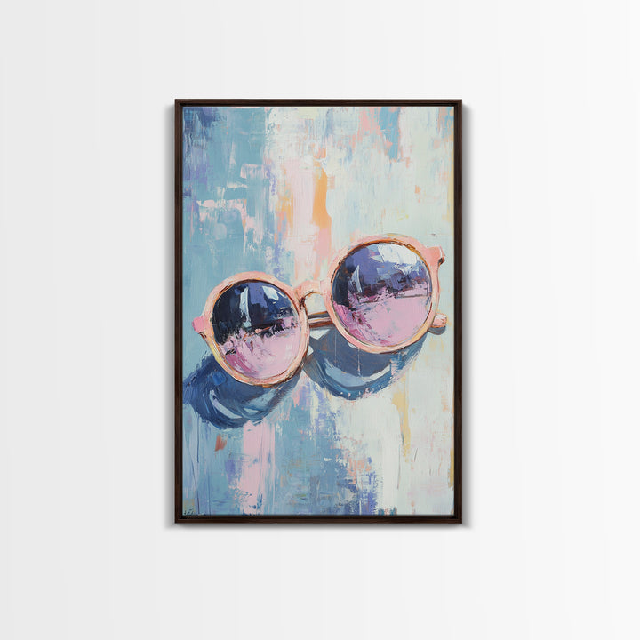 Pink Sunglasses On Blue Abstract Canvas Print, Fashion Wall Art, Dopamine Decor, Trendy Prints, Cool Girl Room Decor, Modern Wall Decor