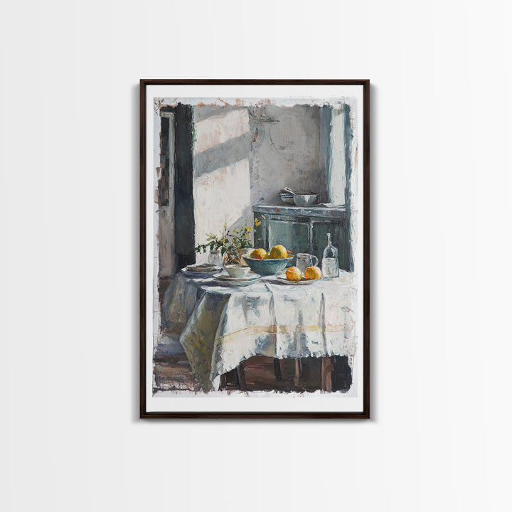 Sunlit Breakfast Table With Oranges Wall Art, Rustic Kitchen Decor, French Country Print, Still Life Art, Housewarming Gift