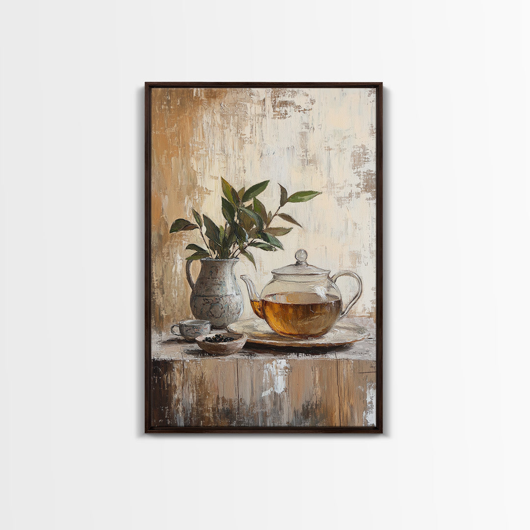 Glass Teapot With Potted Green Leaves Framed Canvas Print, Rustic Kitchen Wall Art, Botanical Tea Still Life Home Decor, Gift