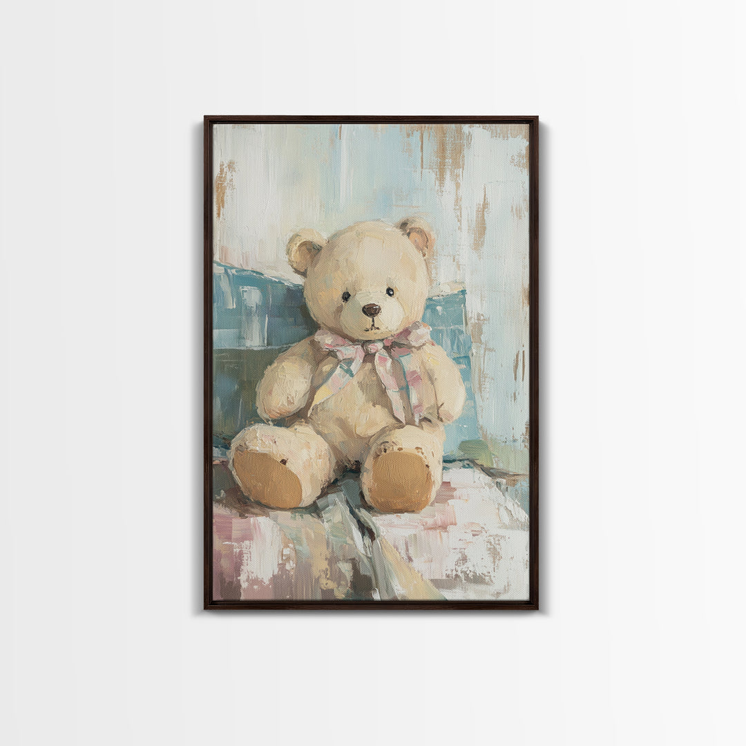 Cream Teddy Bear On Blue Pillow Framed Canvas Print, Nursery Wall Art, Kids Room Decor, Baby Shower Gift, Neutral Nursery Decor