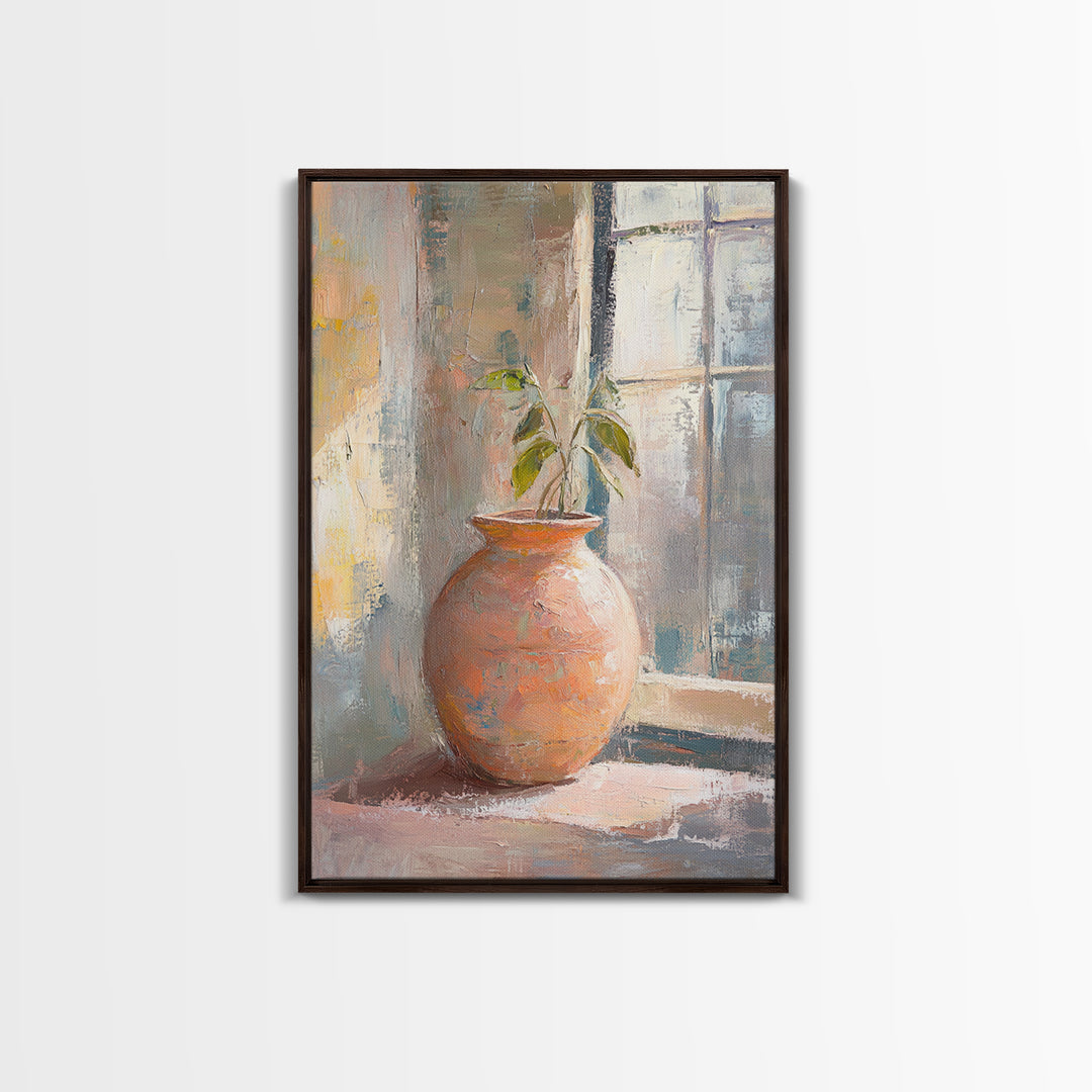 Terracotta Vase With Green Plant Framed Canvas Print, Rustic Botanical Wall Art, Neutral Home Decor, Entryway Wall Decor