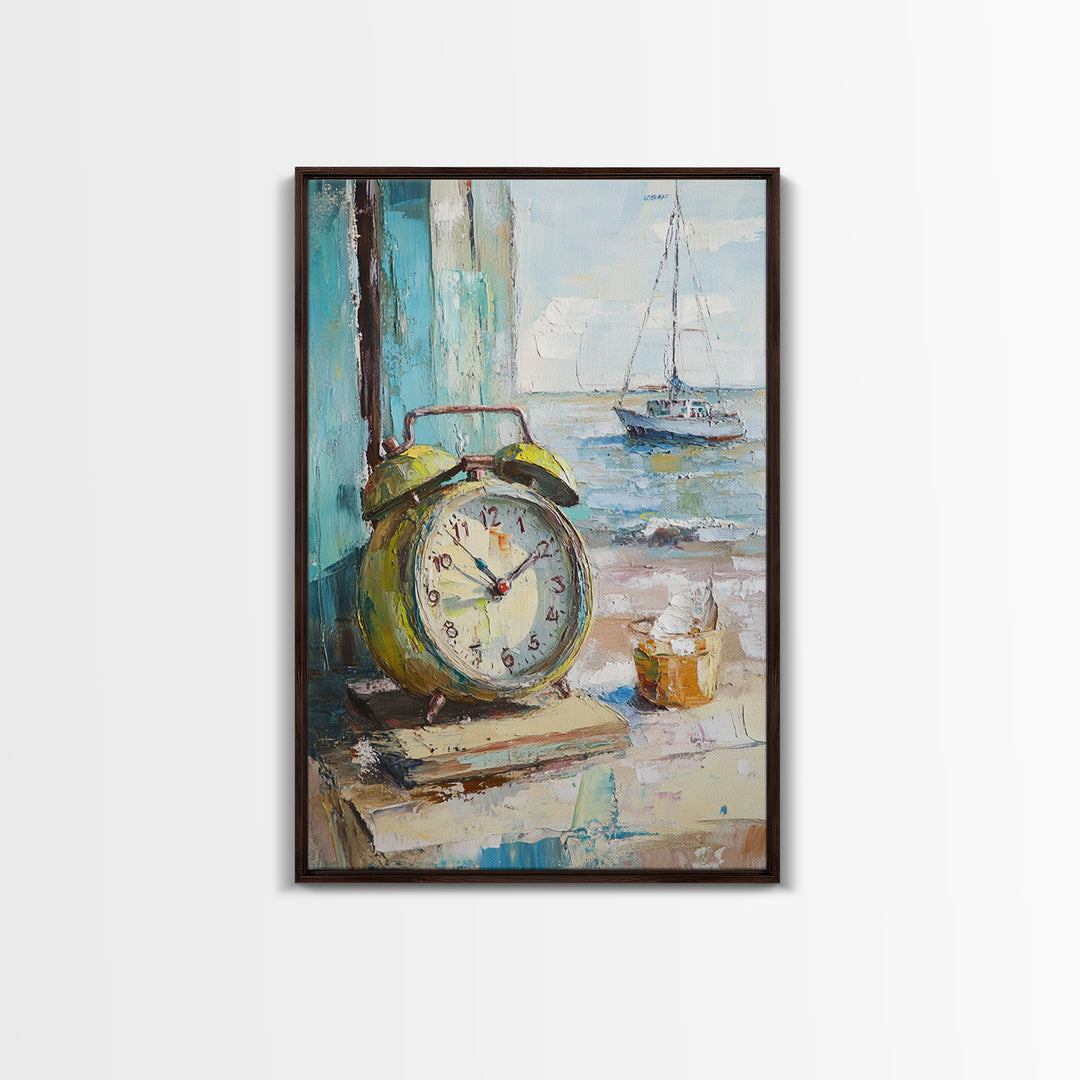 Nautical Alarm Clock Still Life Framed Canvas Print, Coastal Wall Art, Beach House Decor, Sailboat Ocean Art Print, Nautical Home Decor
