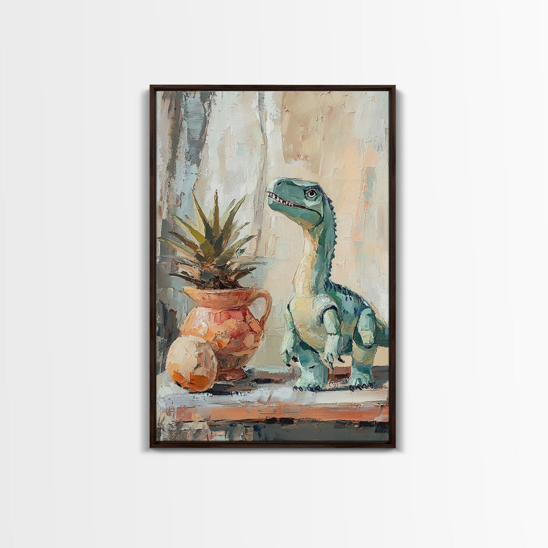 Cute Dinosaur And Potted Plant Canvas Print, Whimsical Animal Wall Art, Kids Room Decor, Nursery Art, Playroom Gift For Child Bedroom