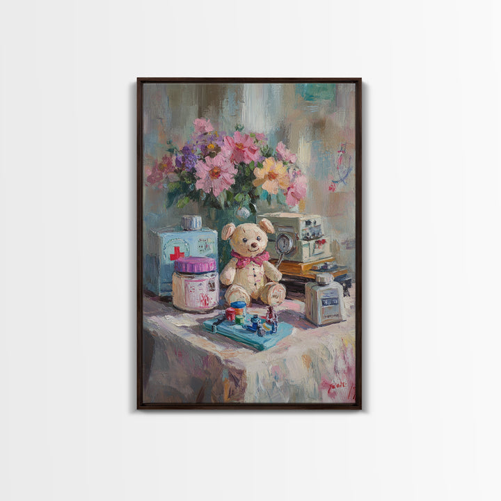 Teddy Bear Medical Kit Still Life Wall Art, Whimsical Nursery Decor, Doctor Office Art, Pediatric Room Canvas Print, Baby Shower Gift