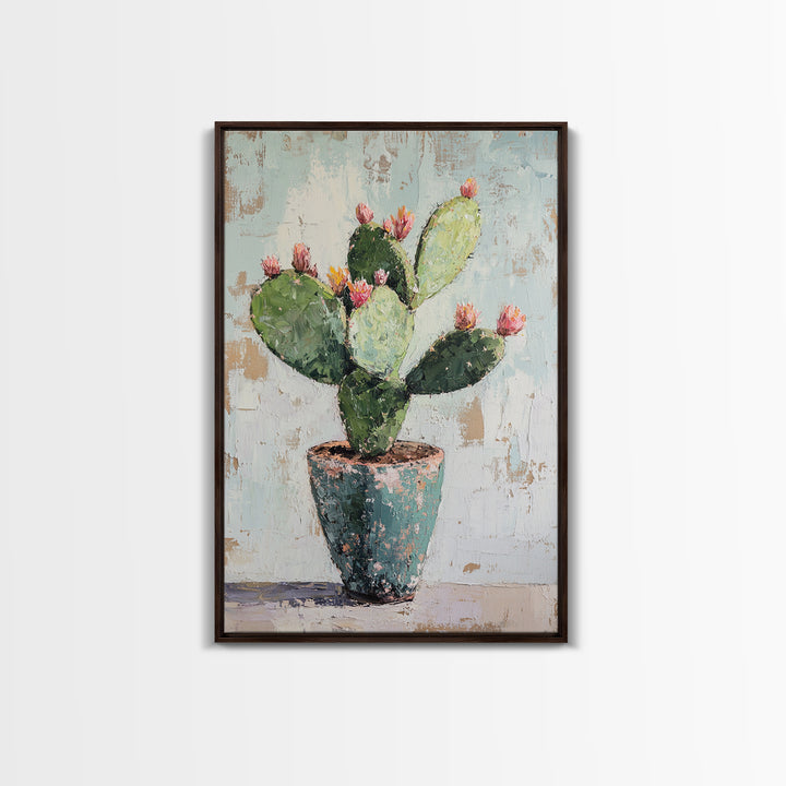 Prickly Pear Cactus In Rustic Pot Canvas Print, Desert Wall Art, Southwest Decor, Botanical Wall Decor, Plant Lover Gift