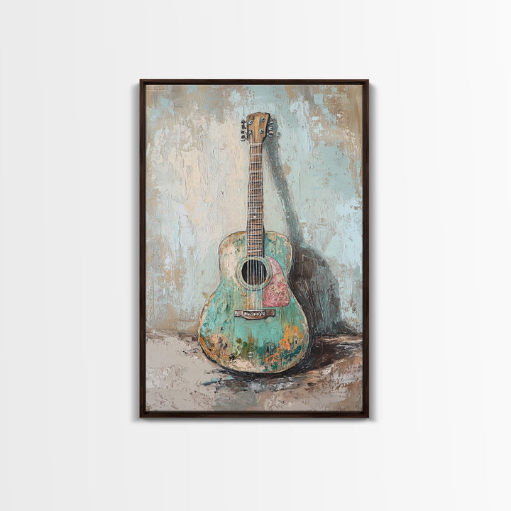 Weathered Turquoise Acoustic Guitar Canvas Print, Music Room Wall Art, Rustic Music Decor, Guitar Lover Gift, Studio Poster