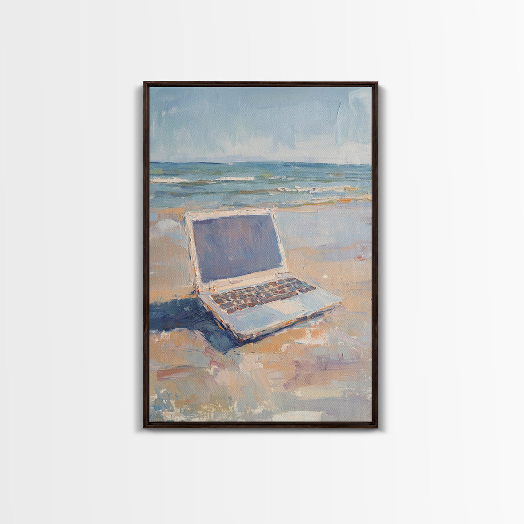 Open Laptop On Sandy Beach Framed Canvas Print, Coastal Wall Art, Remote Work Office Decor, Ocean Landscape Art Print, Beach House Decor