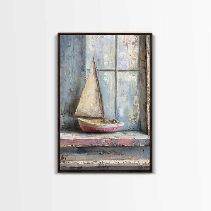 Weathered Sailboat On Window Sill Framed Canvas Print, Nautical Wall Art, Coastal Decor, Beach House Art, Seascape Art, Ocean Wall Decor