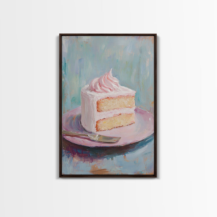 Pink Frosted Cake Slice On Plate Wall Art, Bakery Art Print, Kitchen Wall Art, Cute Kitchen Decor, Dessert Art, Gift For Her