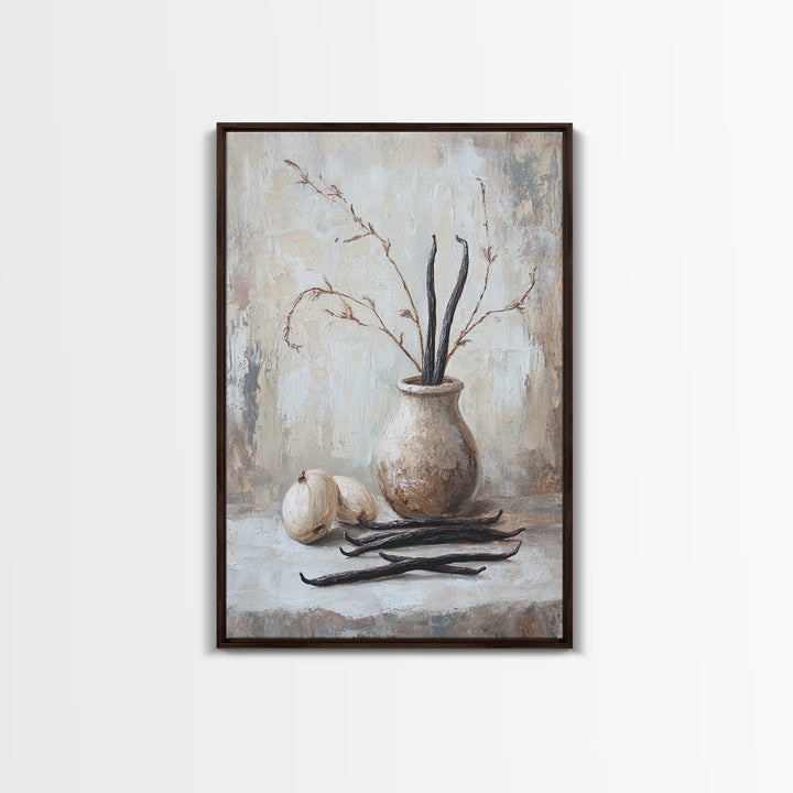 Rustic Vanilla Bean And Garlic Still Life Wall Art, Neutral Kitchen Decor, Farmhouse Canvas Print, Dining Room Art, Gift For Foodie