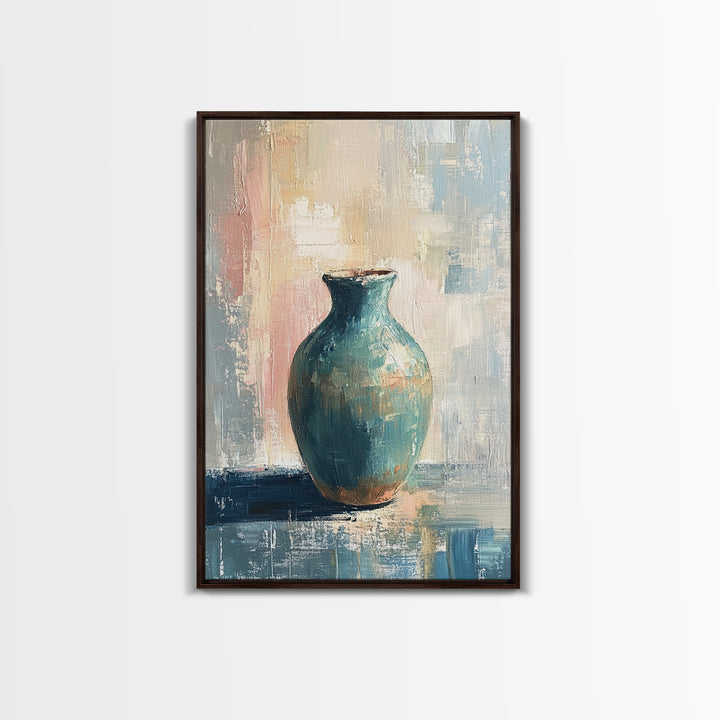Turquoise Ceramic Vase Canvas Print, Modern Still Life Painting, Teal Wall Decor, Minimalist Art, Living Room Decor, Home Decor