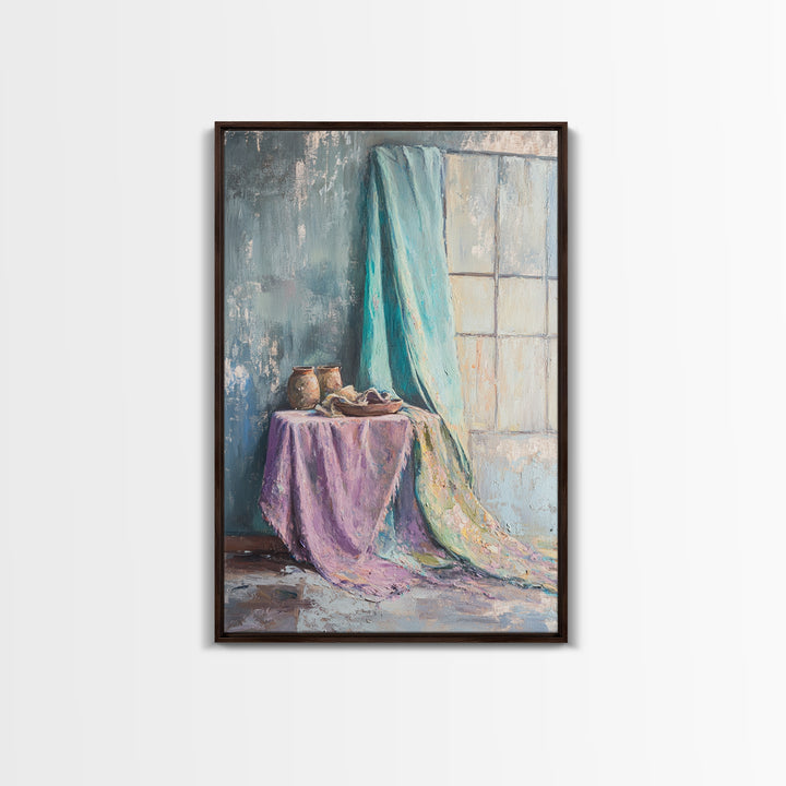 Turquoise Draped Fabric Still Life Wall Art, Soft Pastel Table Scene, Contemporary Canvas Print, Living Room Wall Decor, Home Decor