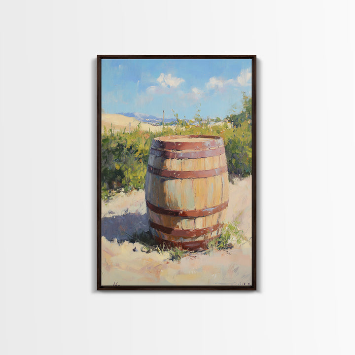 Sunlit Vineyard Wine Barrel Canvas Print, Rustic Winery Landscape Painting, Wine Wall Art, Kitchen Decor, Gift For Wine Lover