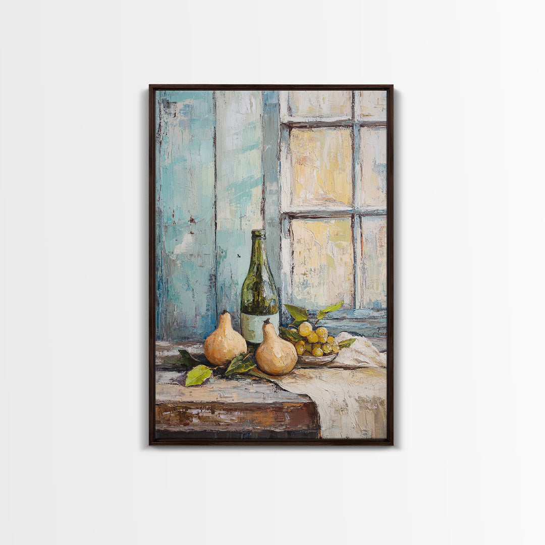 Wine Bottle Pears And Grapes By Window Canvas Print, Rustic Kitchen Wall Art For Dining Room Decor And French Country Decor