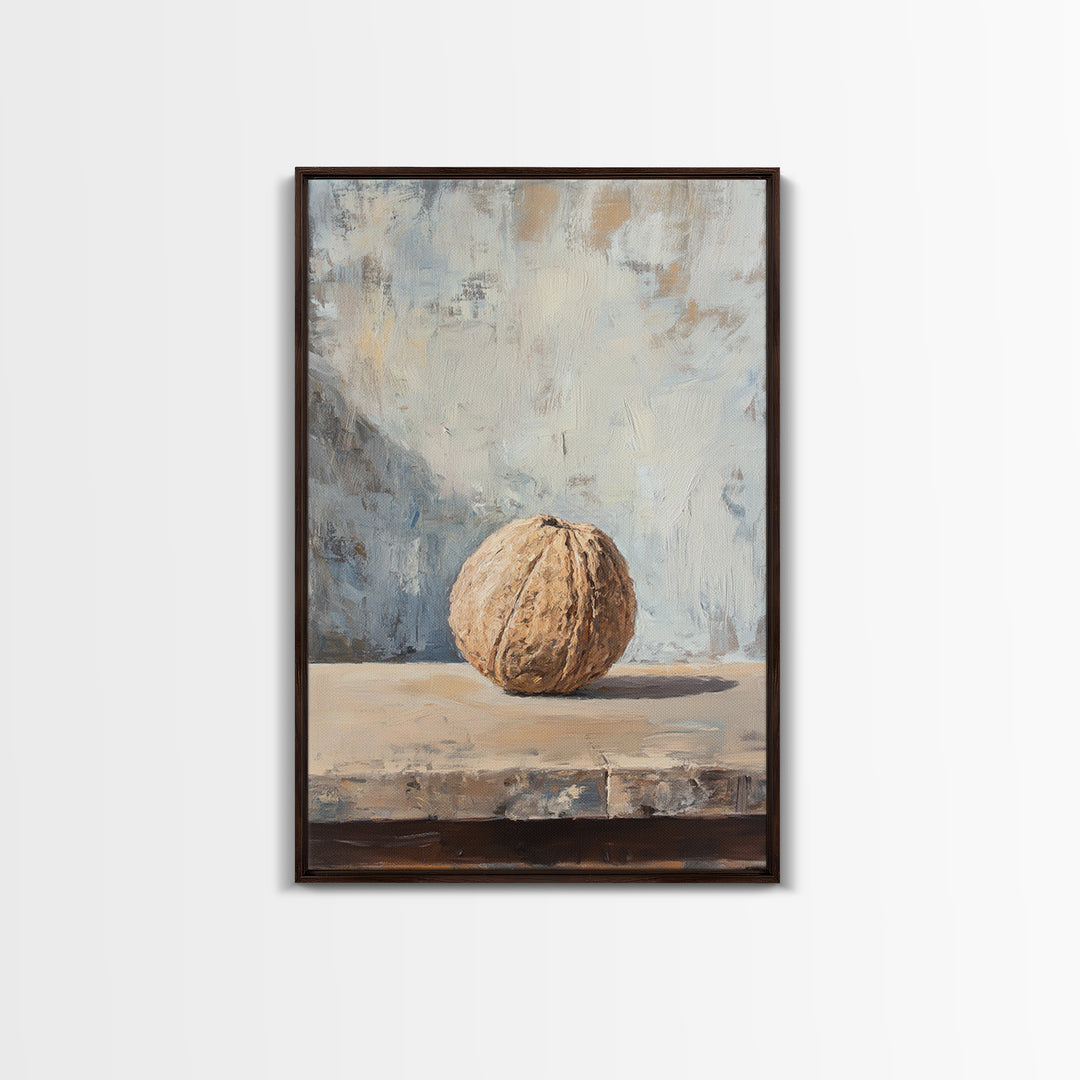 Minimal Walnut Still Life On Shelf Canvas Print, Neutral Kitchen Wall Art For Rustic Home Decor And Farmhouse Wall Decor