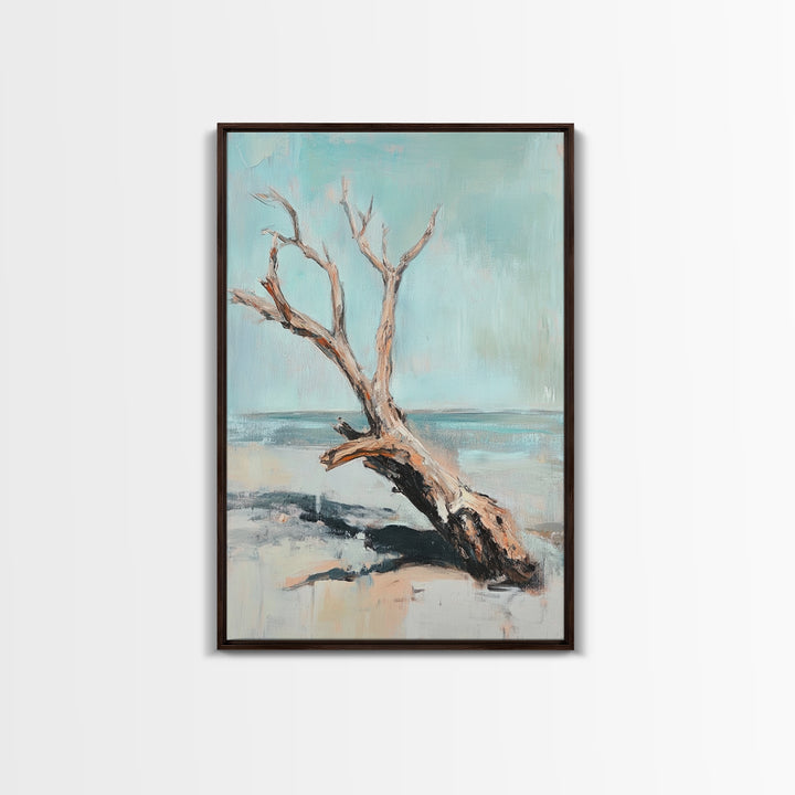 Weathered Driftwood On Quiet Beach Canvas Print, Coastal Wall Art, Minimalist Seascape Decor, Neutral Ocean Landscape Art