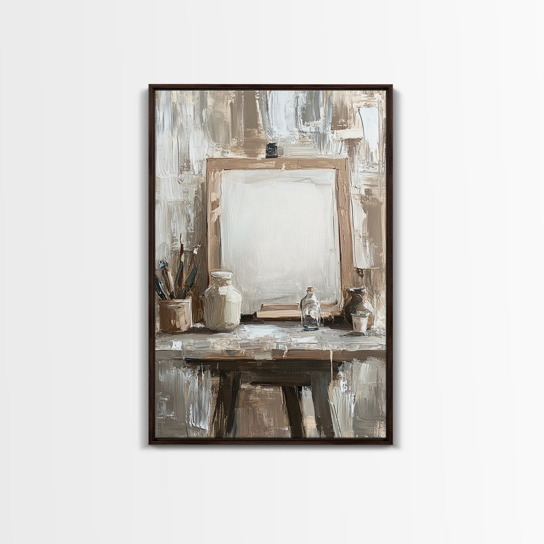 Neutral Artist Studio Easel And Paintbrushes Framed Canvas Print, Minimalist Office Wall Art, Rustic Home Decor For Creative Spaces