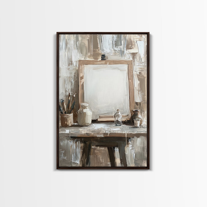 Neutral Artist Studio Easel And Paintbrushes Framed Canvas Print, Minimalist Office Wall Art, Rustic Home Decor For Creative Spaces