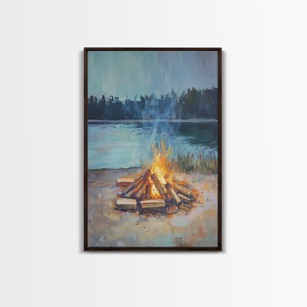 Lakeside Campfire At Dusk Wall Art, Rustic Cabin Decor, Cozy Nature Print, Lake House Canvas, Housewarming Gift, Living Room Decor