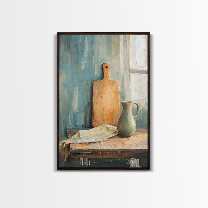 Rustic Cutting Board And Ceramic Pitcher Wall Art, Farmhouse Kitchen Decor, Country Still Life Art Print, Housewarming Gift